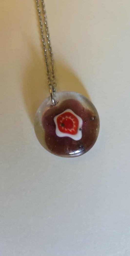 Handmade Fused Glass Pendant – Red and Purple Millefiori Flower