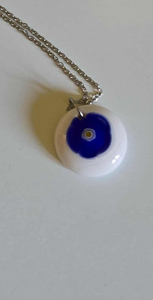 Handmade Fused Glass Pendant – White with Blue and Gold Millefiori Center