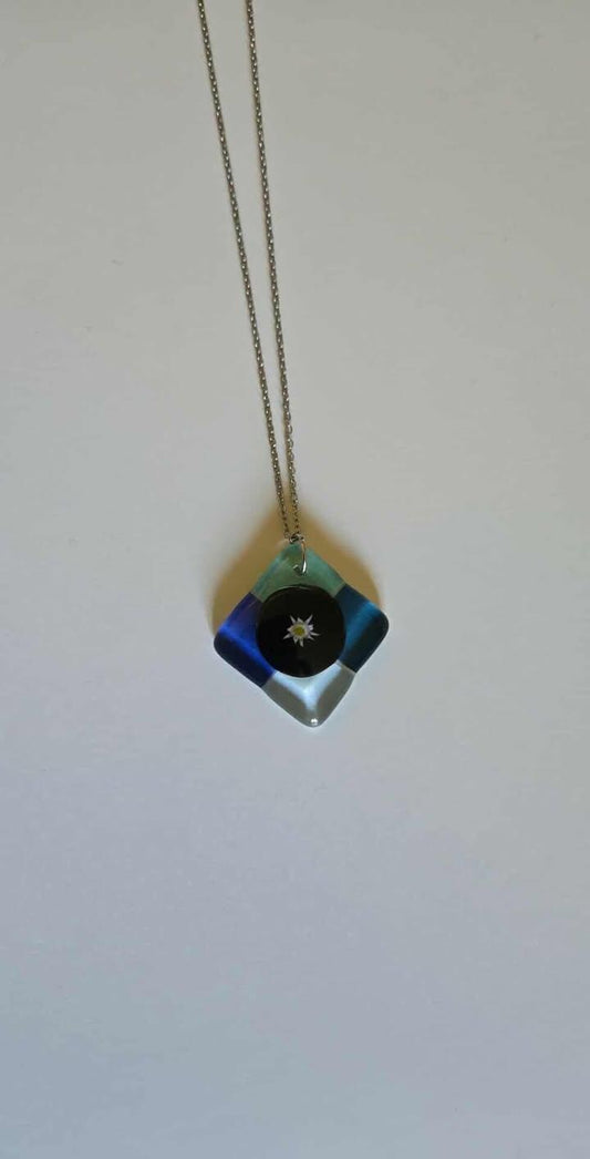 Handmade Diamond-Shaped Fused Glass Pendant – Star Millefiori Center with Blue and Green Corners