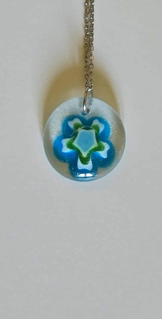 Handmade Fused Glass Pendant – Blue and Green Millefiori Flower
