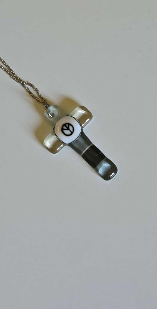 Handmade Fused Glass Cross Pendant – Peace Symbol & Christ-Inspired Design