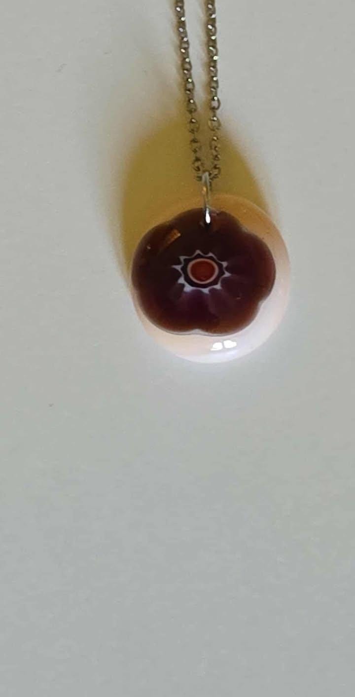 Handmade Fused Glass Pendant – Burgundy Millefiori Flower